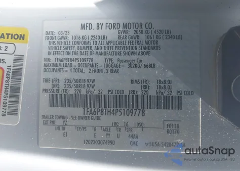 2023 Ford Mustang Ecoboost Premium Fastback из США, поврежденный, VIN 1FA6P8TH4P5109778